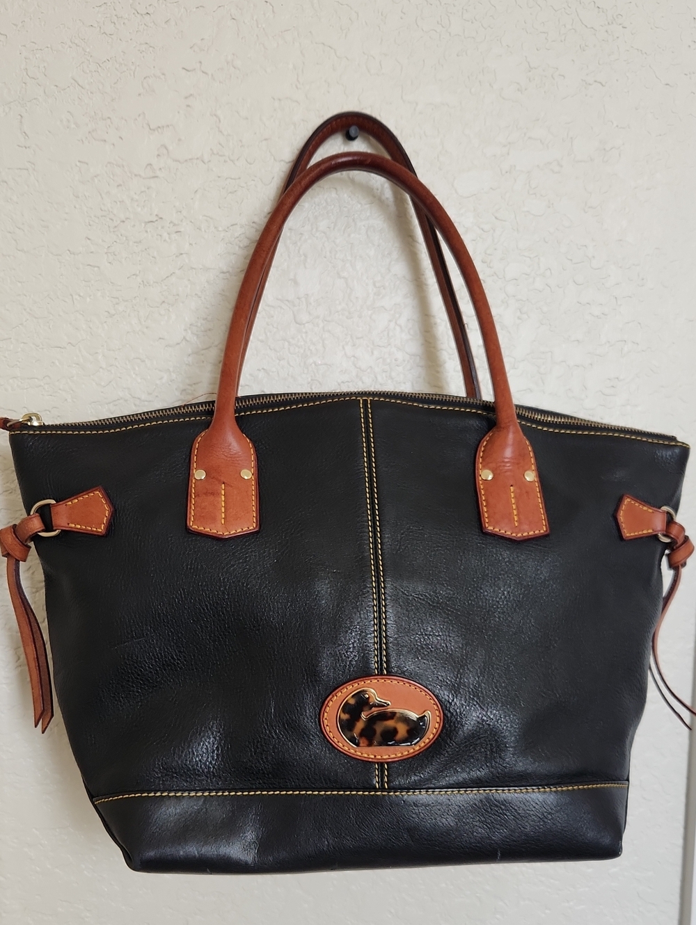 Dooney & Bourke Black Pebbled Leather Duck Logo Tote Bag